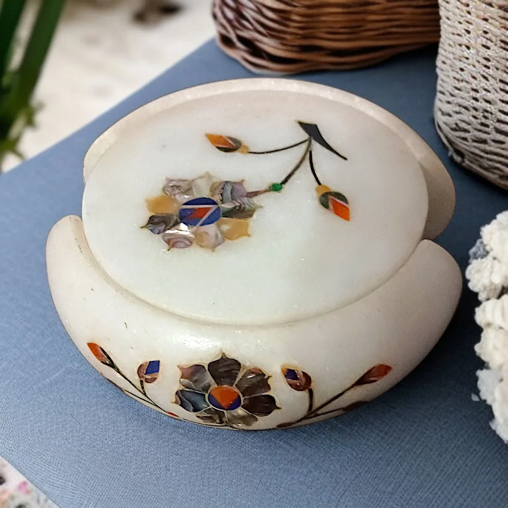 Pietra Dura Gemstone Marble Coasters Inlaid Floral Lapis Abalone‎ Semi Precious